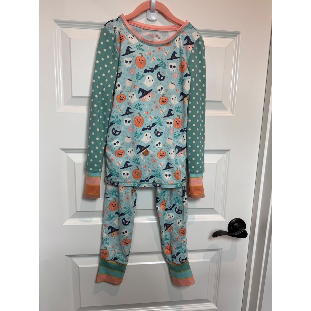 8.Matilda Jane Kids Halloween Pajama Set Teal Pink Pumpkin Ghost Size 8
